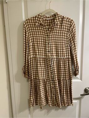 Brown and Cream Gingham Button-Front Shirt Dress